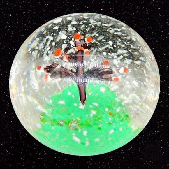 Art Glass Paperweight Cherry Tree w White Dots Round Sphere Vintage Glass 2.5”W - Picture 1 of 12